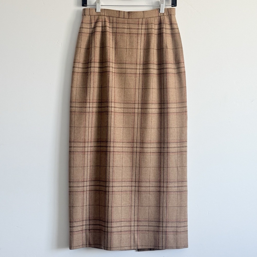 VTG Pendleton 100% Wool Skirt 6 Plaid Tan Long Pencil Preppy Classic Heritage